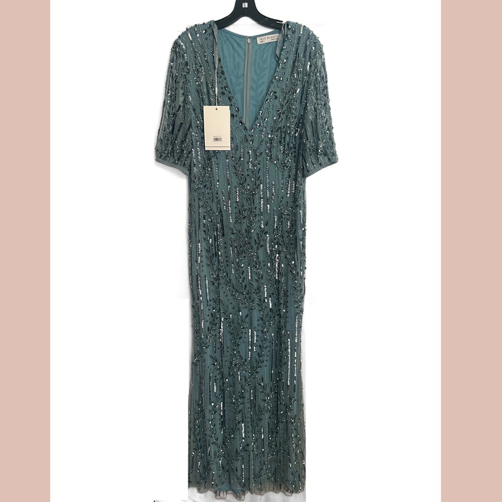 NWT Mac Dugagl [ 14 ] 93870 V neck Short Sleeve Beaded Gown French BLUE‎ #J1942